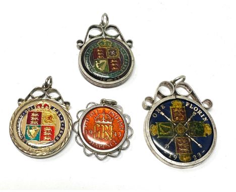4 silver enamel coin pendants 