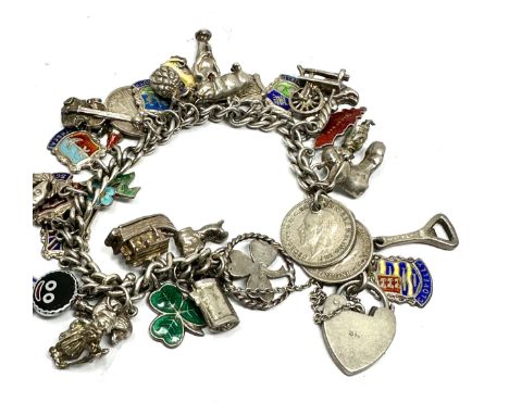 Vintage silver charm bracelet &amp; charms inc enamel town flags weight 65g 