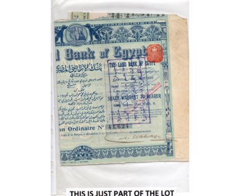 Ephemera glory box with lots of early GB/Ireland revenues on relevant papers, share certificates, cheques, old papers and leg