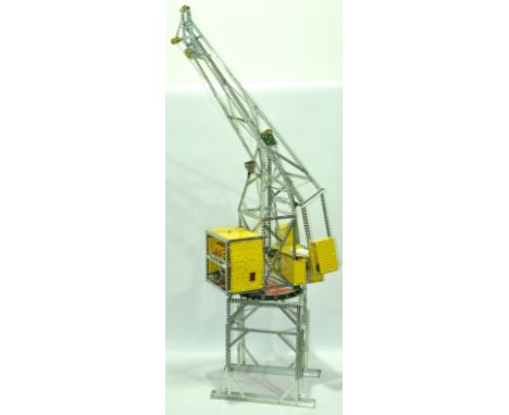 Meccano hand built large scale Crane using late issue Zinc, Yellow and Red parts with electric motor, battery boxes and inclu
