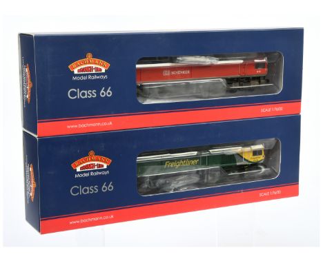Bachmann OO Gauge pair of class 66 Diesel Locomotives consisting of 32-734A DB Schenker red livery No.66101 weathered edition