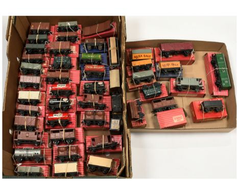 Hornby Dublo large group of tinplate &amp; plastic wagons. To include 4677 "Mobil" tank wagon; 4627 "ICI" Presflo bulk wagon;