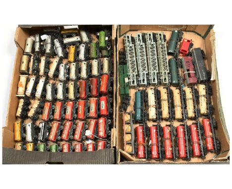 Hornby Dublo large qty of unboxed tinplate &amp; plastic wagons. To include various "Esso", "ICI", "Mobil" tank wagons; car t