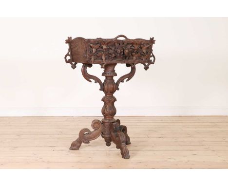 A Black Forest carved softwood planter,late 19th century, the rectangular tin-lined top with an ornately carved front and rus