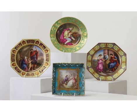 A Vienna-style pair of octagonal plates,c.1880, each decorated with mythological panels and raised gilt borders,23cm wide,tog