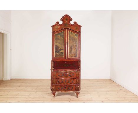 A painted and parcel-gilt bureau bookcase,18th century, Dutch, of serpentine outline and decorated with architectural scenes,