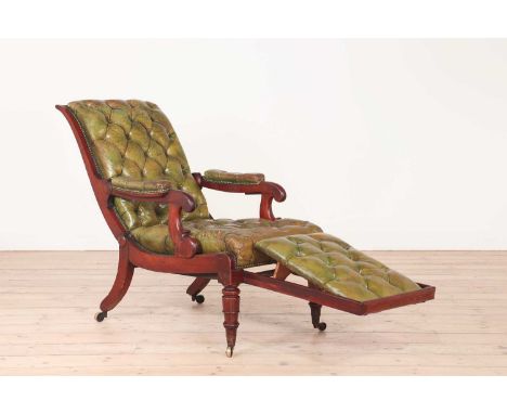 A Regency reclining library armchair by Robert Daws,c.1830, the adjustable back, seat and footrest upholstered in green leath