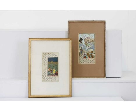 Indian school, 19th centuryA hunting scene; Five soldierstwo, gouache on paper18 x 10.5cm and 20 x 11cm, each in a glazed fra