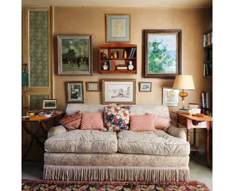 A two-seater sofa attributed to George Smith,late 20th century, upholstered in a blue-green fabric decorated with peonies, ra