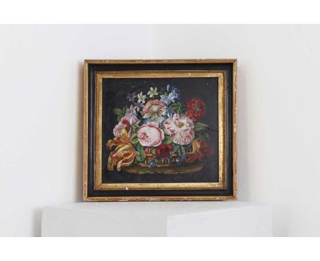 A micromosaic plaque,probably 19th century, Florentine, worked with a basket of flowers on a black ground, inscribed verso 'F