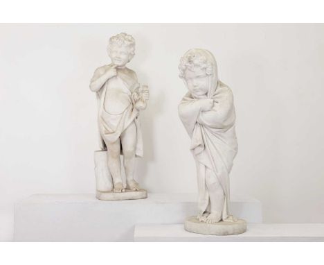 A pair of allegorical figures of putti, dated 1862, Italian, Rome, marble, one depicted holding a coin purse, the other in a 