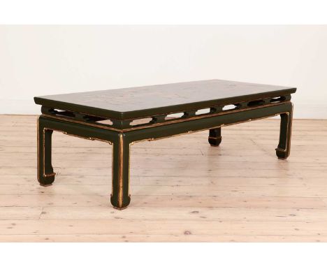 A Chinese-style green-lacquered coffee table in the manner of Mallet &amp; Sons, 20th century, the panel top decorated with f