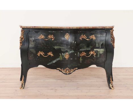A Louis XV-style lacquered commode,20th century, the brèche d'Alep marble top above two drawers with chinoiserie decoration,1