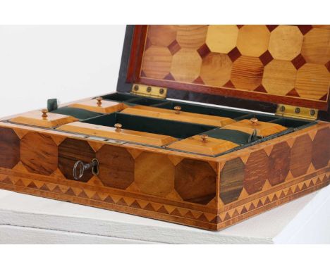 A specimen parquetry and rosewood workbox,the interior having a lift-out tray with six compartments with wooden covers and tw