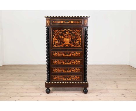 An ebony, marquetry, ivory and bone escritoire,second half of the 19th century, Italian, the white marble top above a frieze 