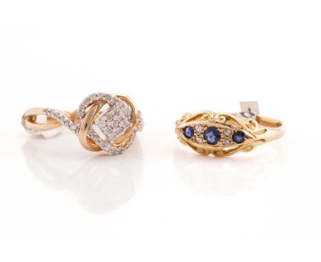 An 18ct gold gem-set ring and a 9ct gold diamond ring; The sapphire and diamond-set half hoop ring comprises a scrolled mount