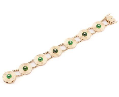 A disc link bracelet set with jade and diamond, seven bi-shaped jade in alternating shades of green superimposed on disc pane