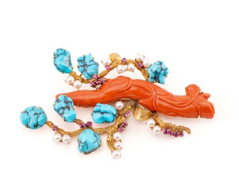 A coral brooch set with turquoise, pearls and rubies, featuring a carved precious red coral in form of a tree branch, set in 