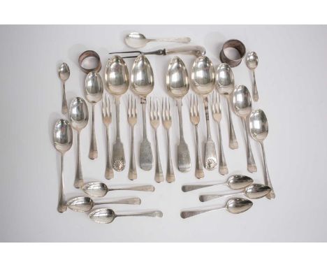 A set of six silver Hanoverian rattail pattern dessert spoons and three pronged forks, each with engraved family crest, Sheff