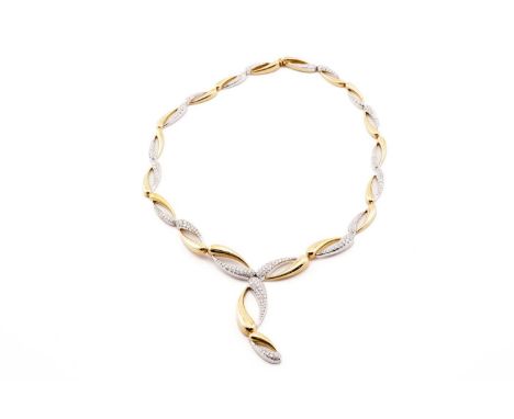 A diamond set two-tone necklace, with graduated links and pendant of oval form, half French pavé set with brilliant diamonds,