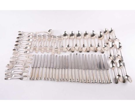 A composite fiddle pattern flatware for twelve place settings each engraved with the letter "D" comprising of twelve table fo