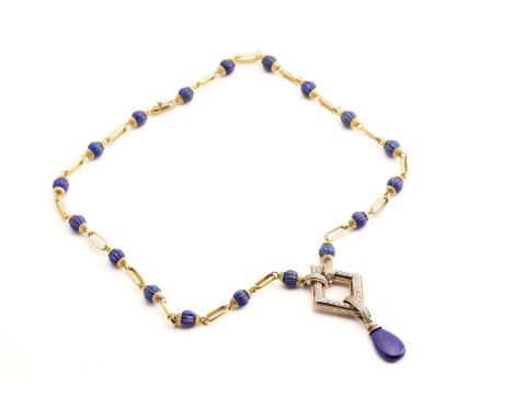 A lapis lazuli and diamond necklace, with a drop-shaped lapis lazuli panel pendant, connecting to a bevelled lozenge surmount