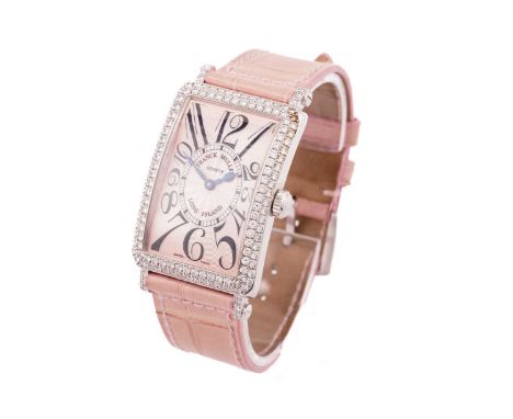 A Franck Muller Diamond set Lond Island wristwatch, featuring a Swiss-made quartz movement in a curved white gold case stampe