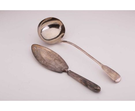 A silver fish slice and soup ladle, the George IV fiddle pattern soup ladle by William Chawner II, London 1822 and the George