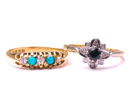 Two gem set rings, the first ring is set with diamond chips and turquoise in a pierced-out half hoop setting on an 18ct yello