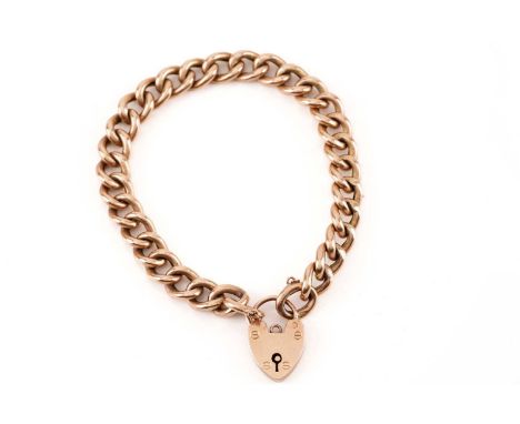 A 9ct rose gold bracelet with a heart padlock, comprises interlocking hollow curb links with alternating floral engraved sect