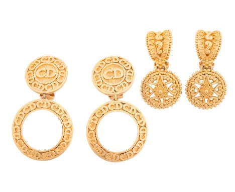 A pair of Christian Dior vintage earrings; composed of two graduated circular drops with CD logo, clip fittings; signed. 6.9c