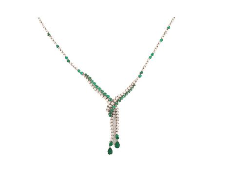 An emerald and diamond necklace, of chevron form, comprises graduated brilliant-cut diamonds and emeralds in claw settings, s