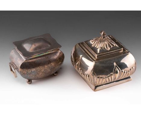 A Victorian tea caddy, of lobed square form, part fluted sides and hinged cover, with knop finial; square skirt foot, Birming