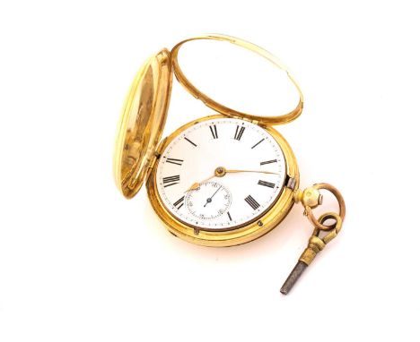 A Victorian full hunter 18ct gold pocket watch, featuring a key wound movement signed W J Allen April 2nd 1863 No:8566 in an 