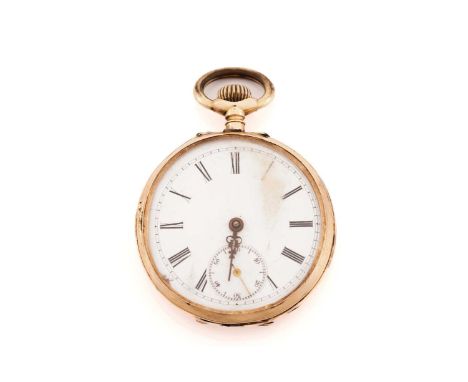 An open-face pocket watch, with a keyless wound movement in a yellow metal case, stamped 14kt and measuring 44mm, with a whit