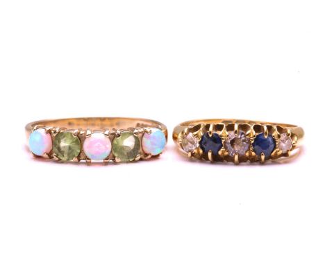 Two gem set rings, the first ring is set with old cut diamonds and Sapphires in a pierced-out half hoop setting on an 18ct ye