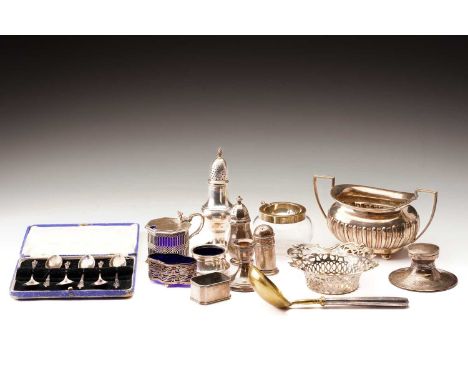 A mixed collection of silver comprising a silver two handled sugar bowl, a George III silver sugar caster, London 1780, a pie