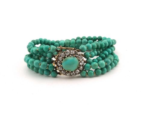 A five-row turquoise bracelet with a diamond-set clasp, round turquoise beads measure 3.8 mm in diameter, strung to a round b