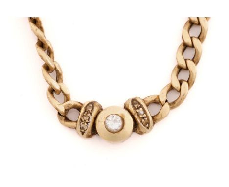 A diamond set pendant necklace in 9ct yellow gold, featuring a brilliant-cut diamond flush set in a mount flanked by six smal