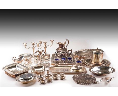 A large quantity of American white metal and silver plate; including two boxed sets of small bon bon dishes, a pair of loaded