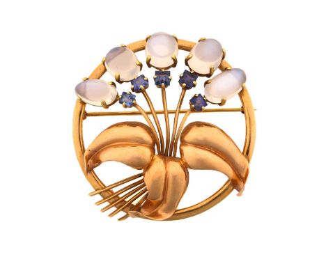 A floral brooch set with moonstones and synthetic colour-changing sapphires, comprising five oval moonstone cabochons and fiv