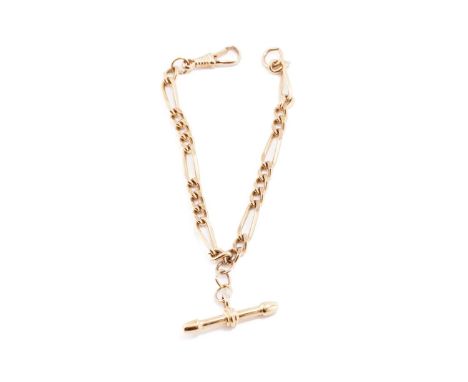 A base metal watch chain converted to a bracelet, consisting of a twisted figaro chain attached with a T-bar, and a swivel cl