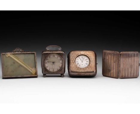 A silver pocket watch case with easel stand and later hooks, together with a silver cased alarm clock with swing handle and f