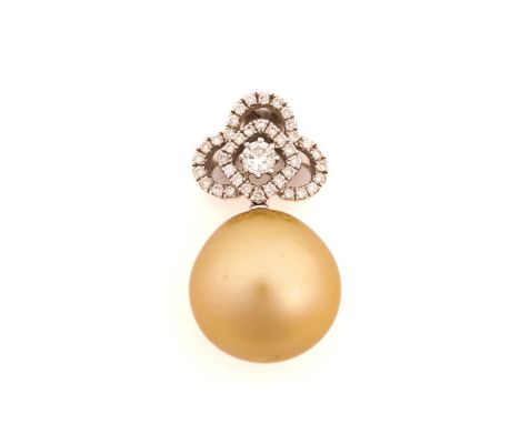 A South Sea pearl and diamond pendant, featuring an off-round yellow golden coloured South Sea pearl of 13.5 mm, dangling fro
