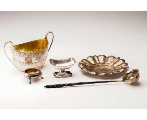 A mixed collection of silver comprising a Victorian two handled sugar bowl with a gilded interior, a Victorian silver stand p