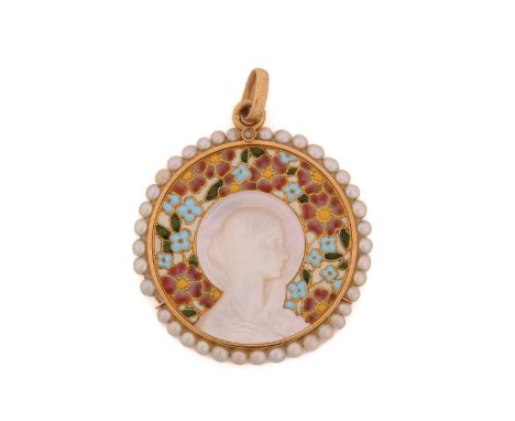 Frédéric Vernon - Art Nouveau 'Madonna' pendant in mother of pearl, plique-à-jour enamel and pearl border, showcasing a mothe