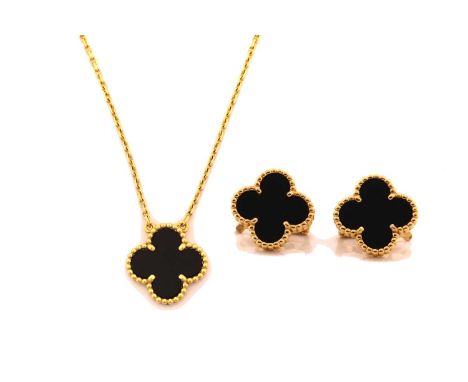Van Cleef & Arpels - Vintage Alhambra pendant and earrings ensuite set with onyx; the pendant on chain contains the iconic qu