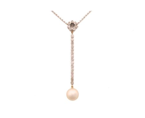 A pearl and diamond drop pendant on chain, the pendant comprises an array of diamonds tube set in a bar mount, with a round c