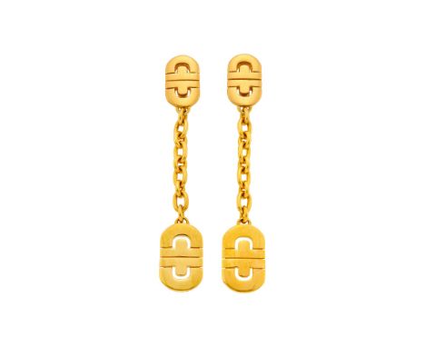18 kt., signed Bulgari, Made in Italy, ap. 10.5 dwts.Posts and clip-backs. 2 1/8 x 3/8 inches.Posts and clip-backs. 2 1/8 x 3