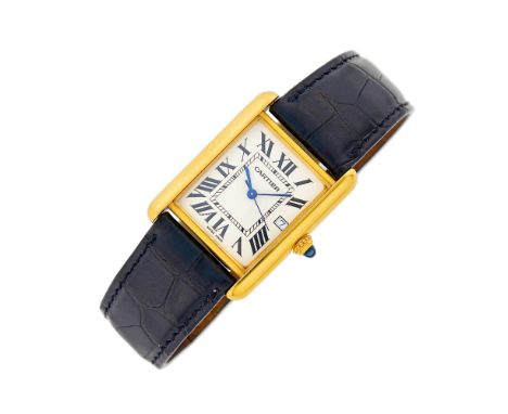 18 kt., quartz, rectangular silver-tone dial, black Roman numerals, sweep seconds, date aperture, inner minute track indicato